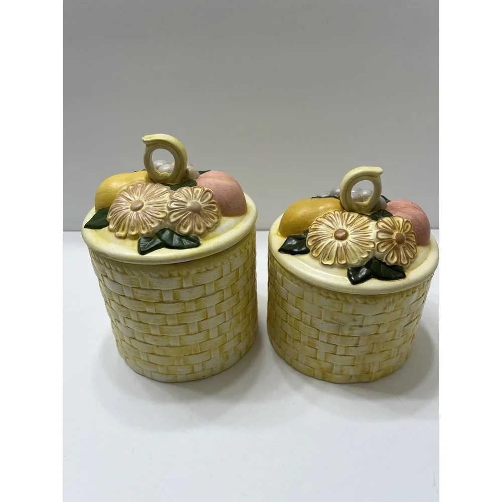 Vintage Ceramic Canister Set Of 2 Yellow Basket Weave Fruit With Lids 1970s